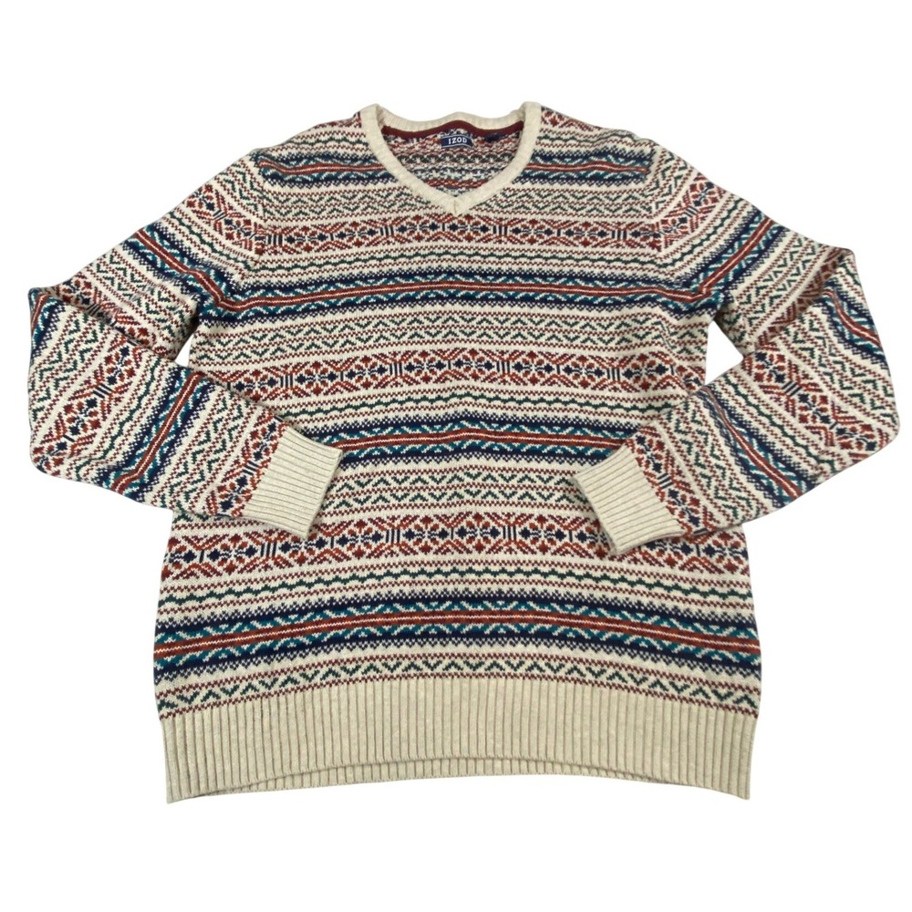 IZOD Mens XL Fair Isle V-Neck‎ Sweater 100% Cotton Cream Navy Burgundy Geometric